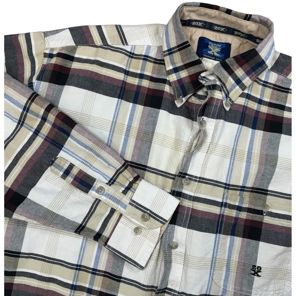 TwentyX Wrangler Shirt Vintage 1990 Button Down Cream Plaid Long Sleeve Men's XL